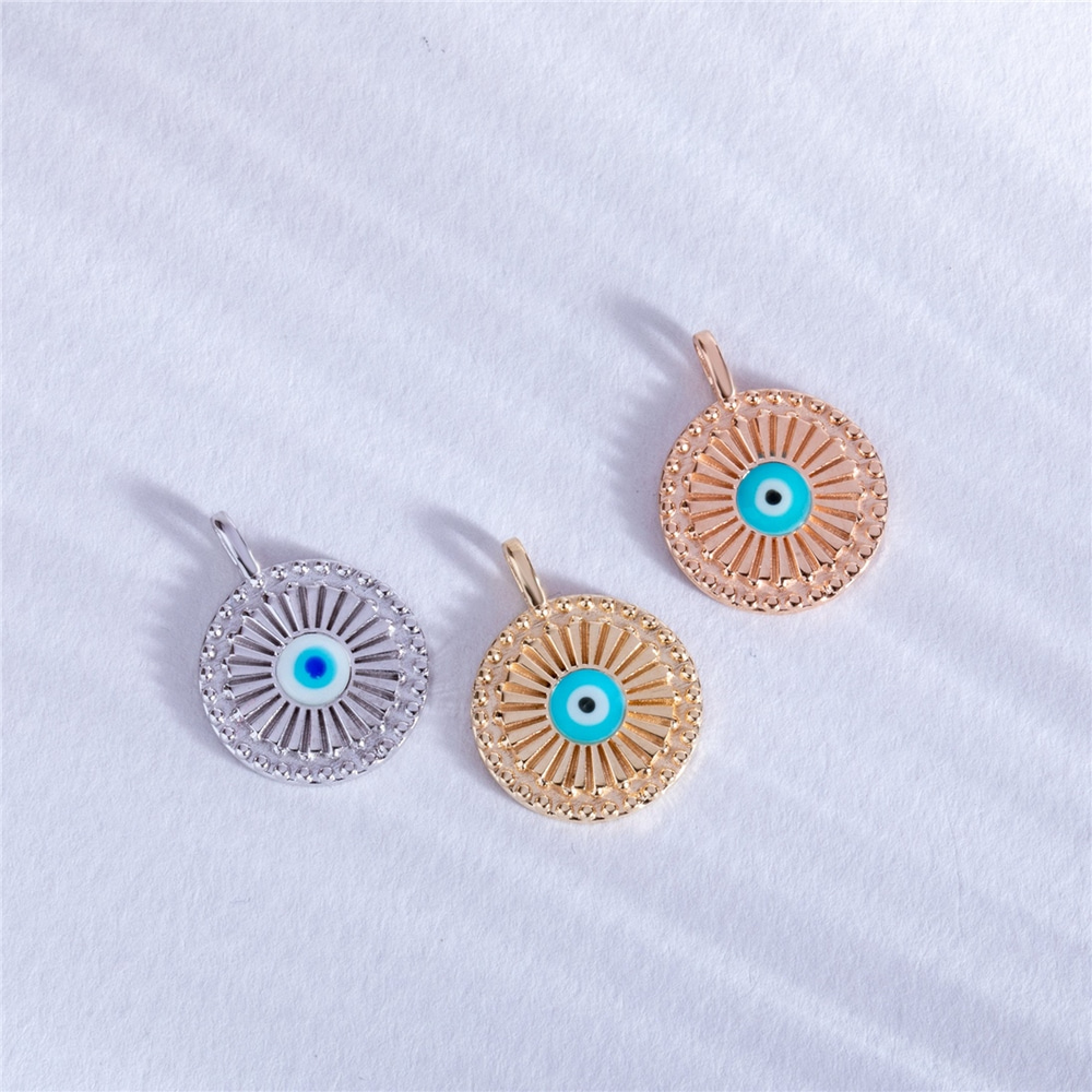 Goldstore-Evil Eye Fluted Round Disc Medallion Pendant 14K 18K Solid Gold, Enamel Evil Eye Ballerina Circle Shape Pendant, Custom Initial Sunburst Eye
