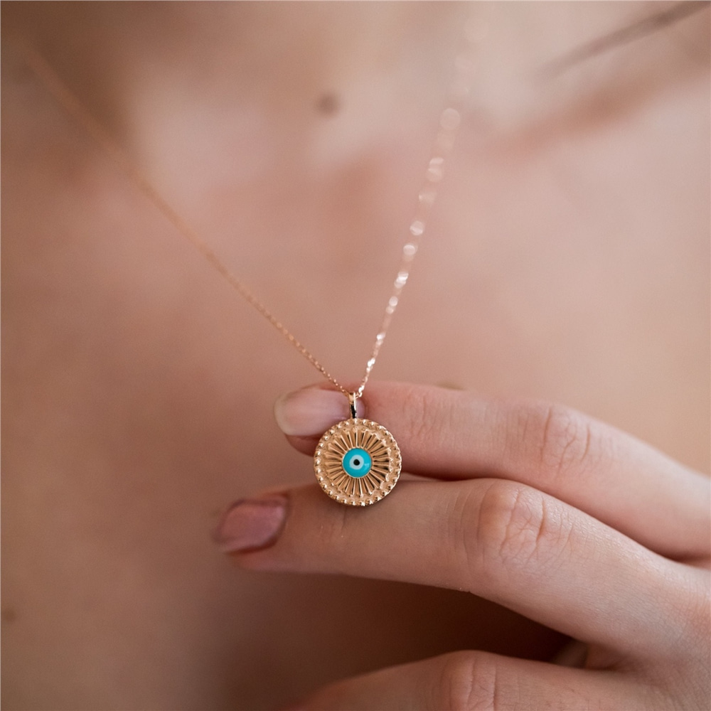 Goldstore-Evil Eye Fluted Round Disc Medallion Pendant 14K 18K Solid Gold, Enamel Evil Eye Ballerina Circle Shape Pendant, Custom Initial Sunburst Eye
