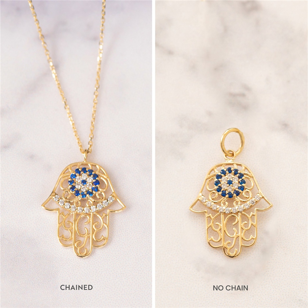 Goldstore-Evil Eye Hamsa Necklace, Evil Eye Fatima Hand 14k 18k Solid Gold Necklace, Fatima Hamsa Cz Evil Eye Gold Pendant Necklace Great Gift For Her