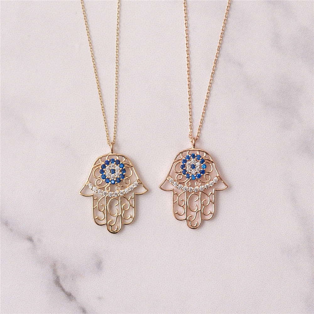 Goldstore-Evil Eye Hamsa Necklace, Evil Eye Fatima Hand 14k 18k Solid Gold Necklace, Fatima Hamsa Cz Evil Eye Gold Pendant Necklace Great Gift For Her