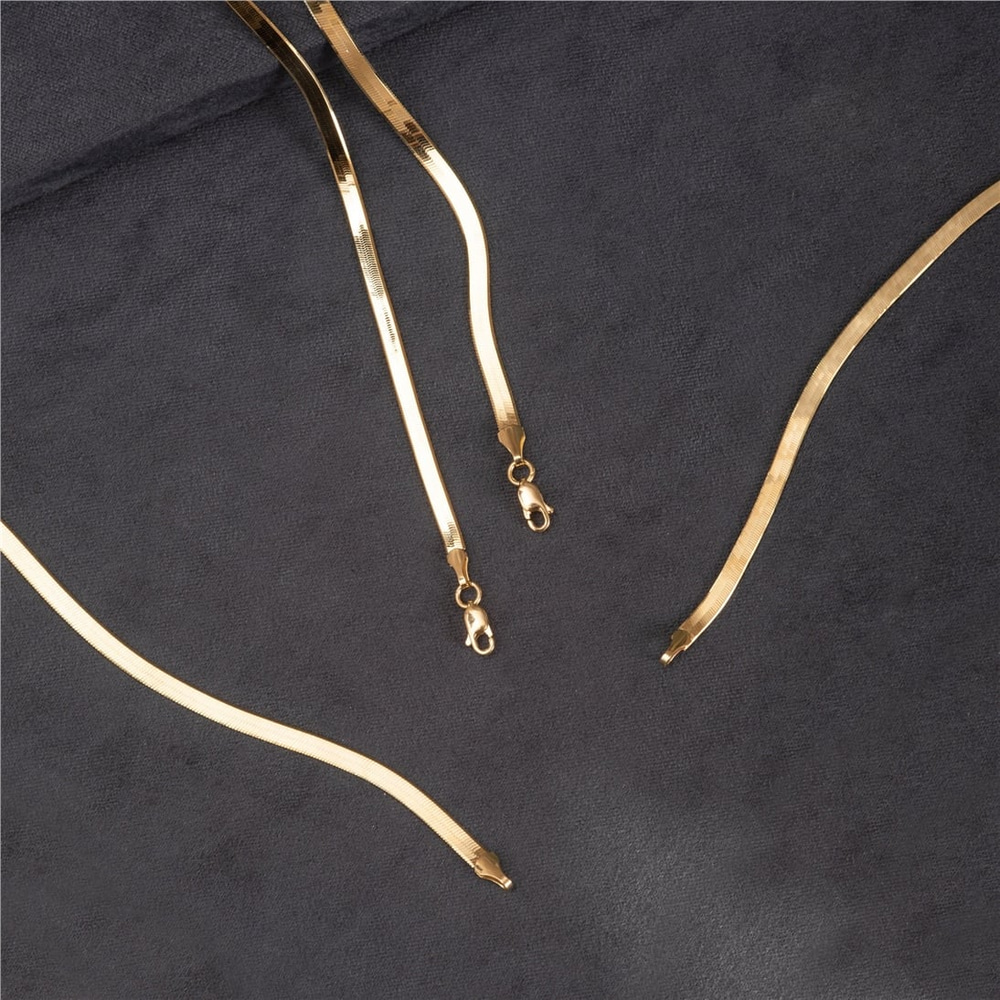 Goldstore-Flat Herringbone 14K Solid Gold Necklace, Flat Snake Chain Yellow Gold Necklace, High Quality Polished Herringbone Chain Necklace Gift Her