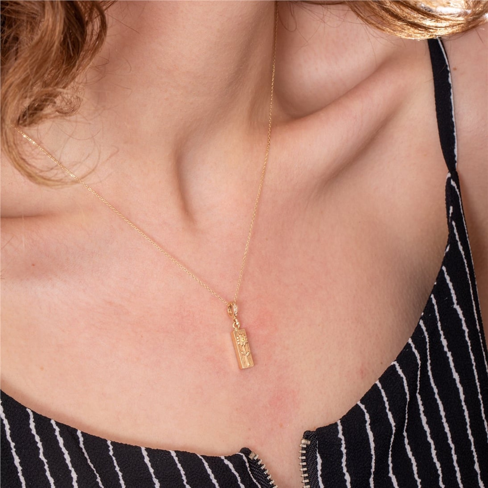 Goldstore-Floral Hawaiian Urn Bar Cremation Necklace 14K 18K Solid Gold, Custom Birthstone Hawaiian Cremation Pendant for Ashes, Custom Name Engraved