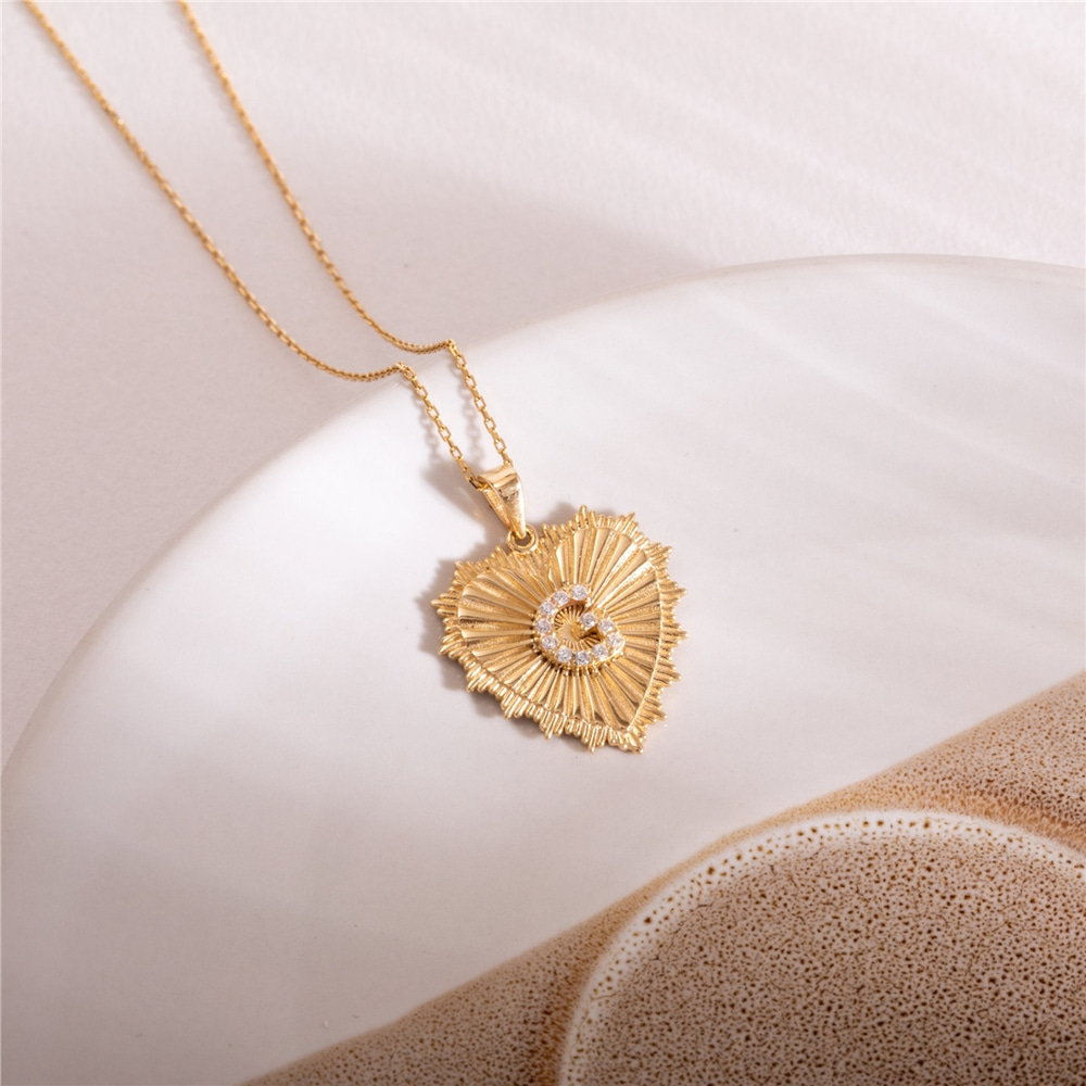 Goldstore-Fluted Frame Heart Medalion Initial Pendant 14K 18K Solid Gold, Ballerina Disk Custom Diamond Letter Framed Disc, Pave Diamond Cz Sunburst