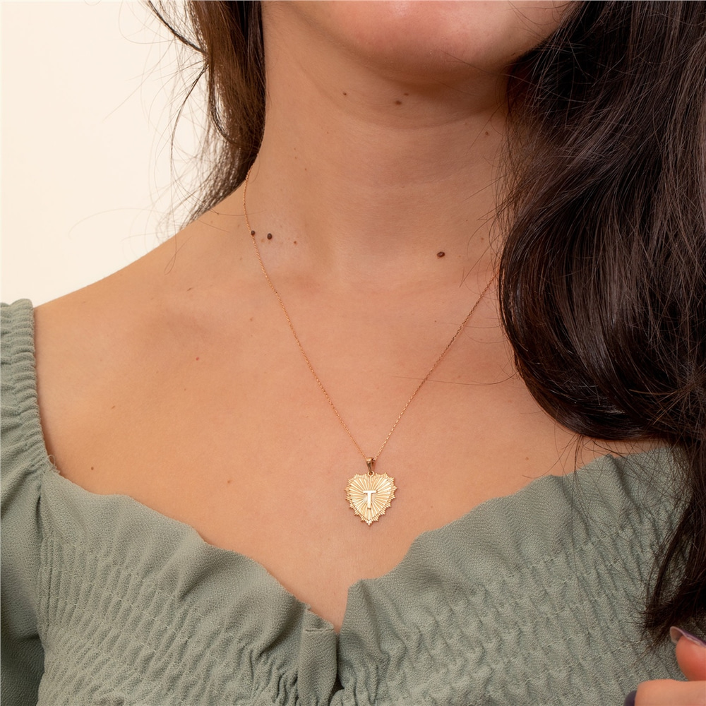 Goldstore-Fluted Frame Heart Medalion Initial Pendant 14K 18K Solid Gold, Ballerina Disk Custom Diamond Letter Framed Disc, Pave Diamond Cz Sunburst