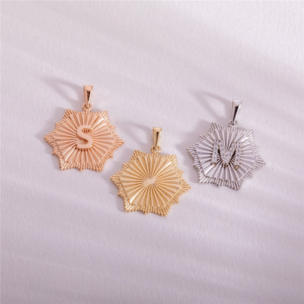 Goldstore-Fluted Hexagon Medallion Custom Initial Pendant 14K 18K Solid Gold, Pave Diamond or Cz Sunburst Geometric Ballerina Hexagon Letter Pendant