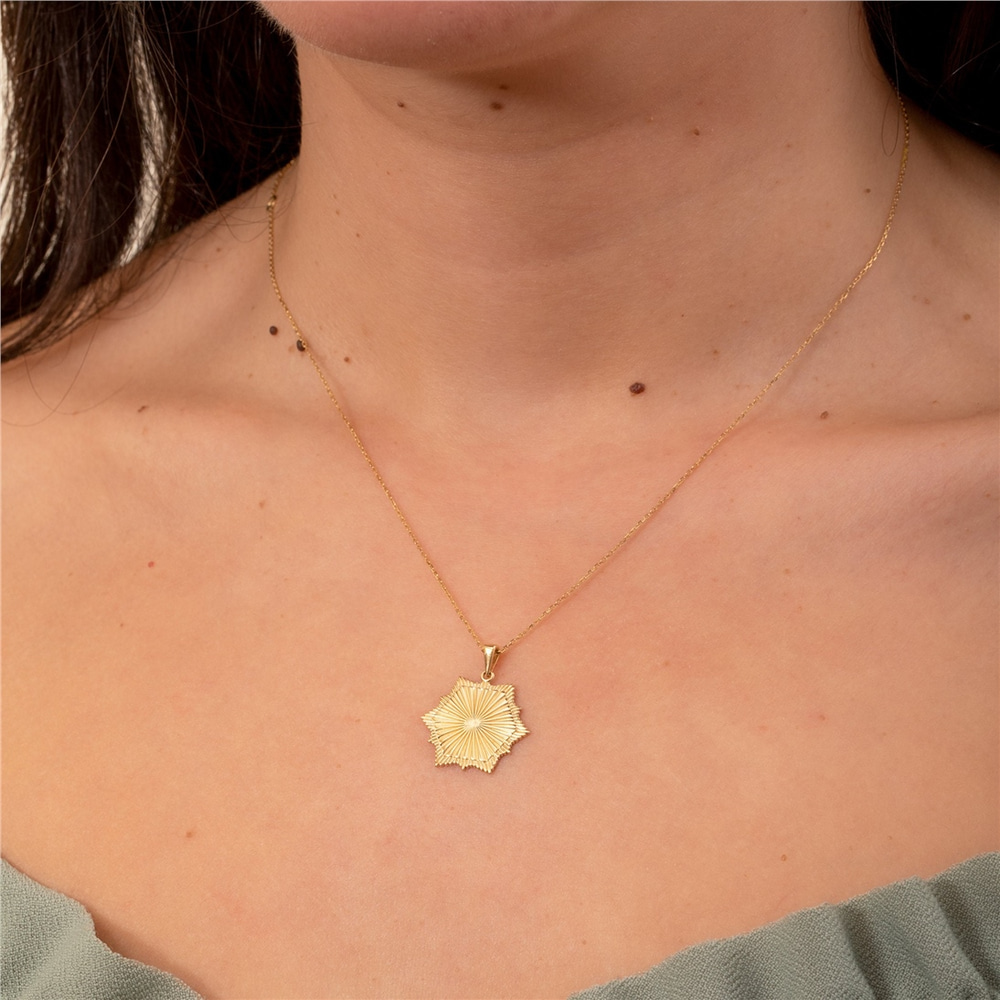 Goldstore-Fluted Hexagon Medallion Custom Initial Pendant 14K 18K Solid Gold, Pave Diamond or Cz Sunburst Geometric Ballerina Hexagon Letter Pendant