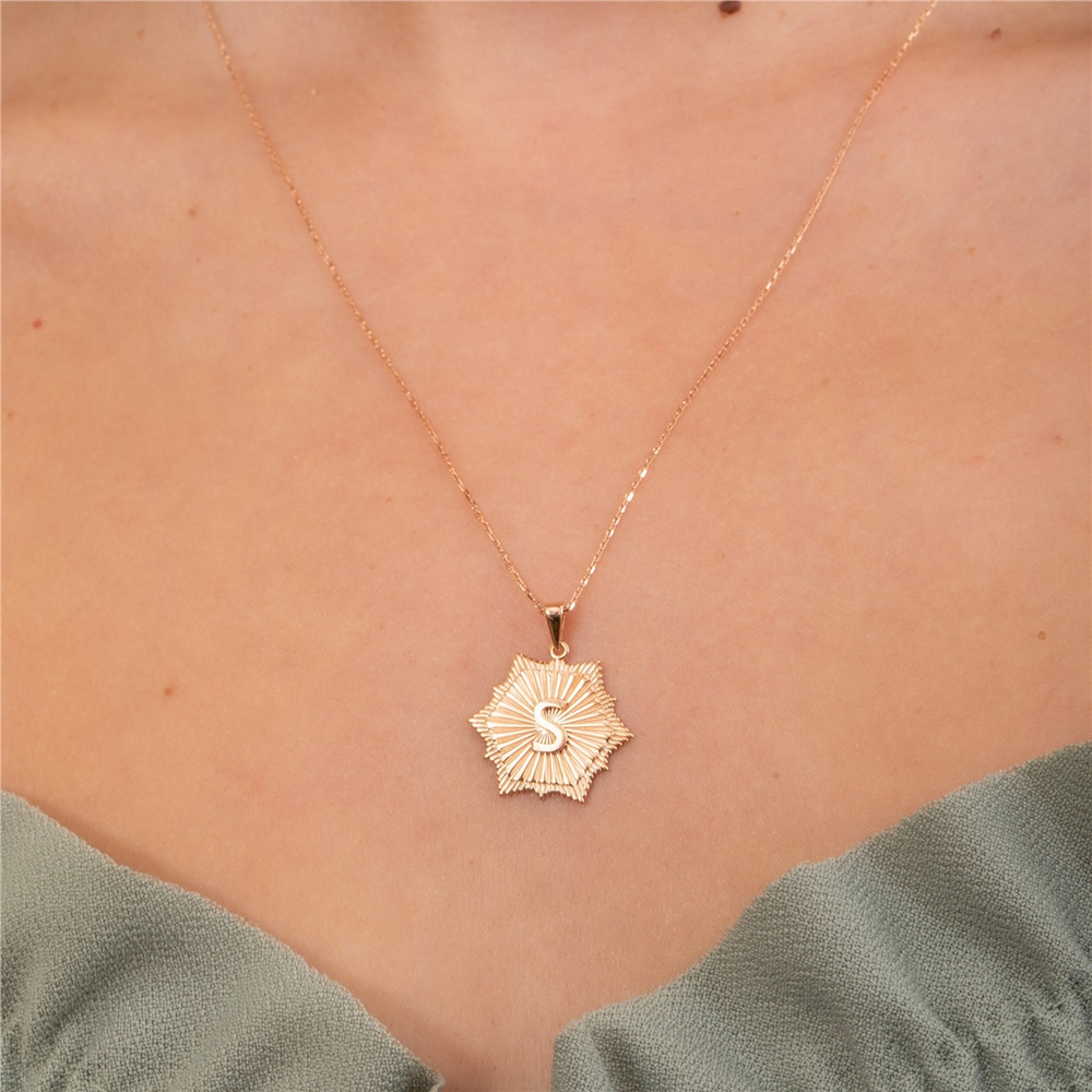 Goldstore-Fluted Hexagon Medallion Custom Initial Pendant 14K 18K Solid Gold, Pave Diamond or Cz Sunburst Geometric Ballerina Hexagon Letter Pendant
