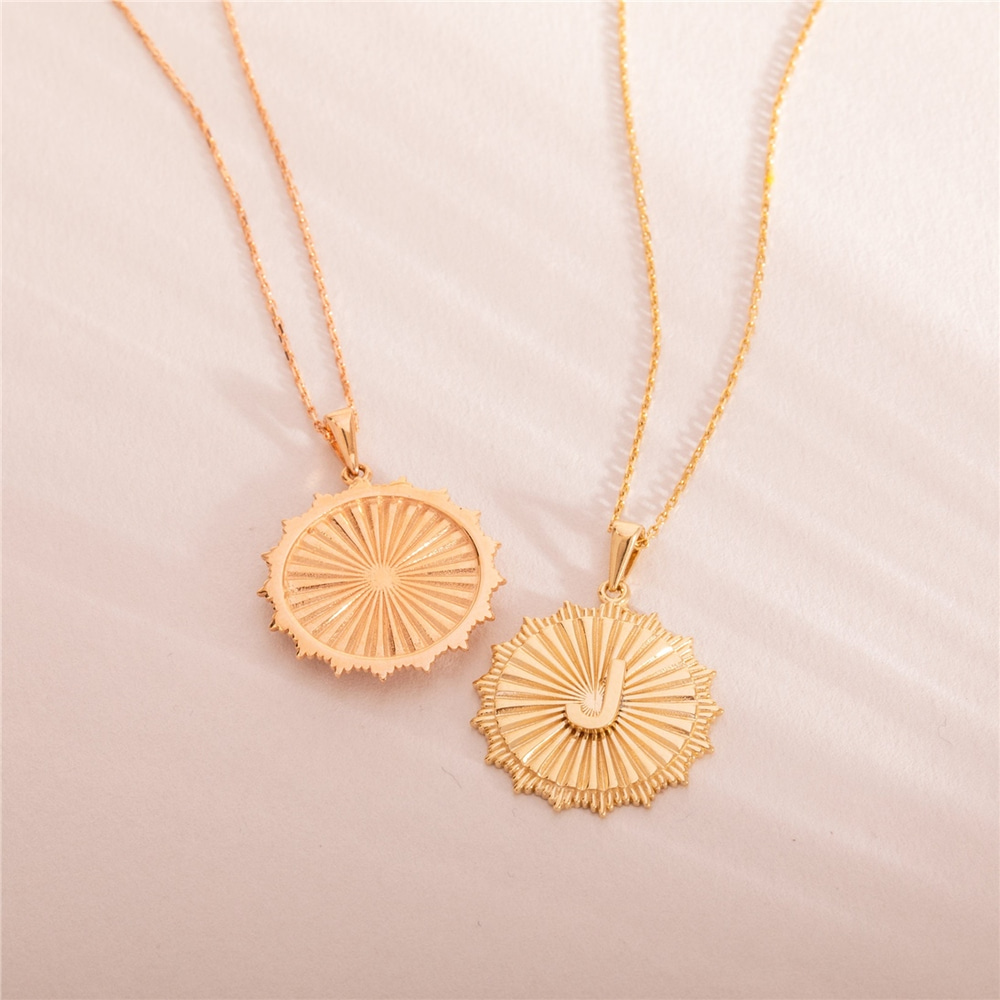 Goldstore-Fluted Large Disc Medallion Letter Pendant 14K 18K Solid Gold, Disk Custom Initial Pendant, Pave Diamond or Cz Sunburst Coin Pendant for Her