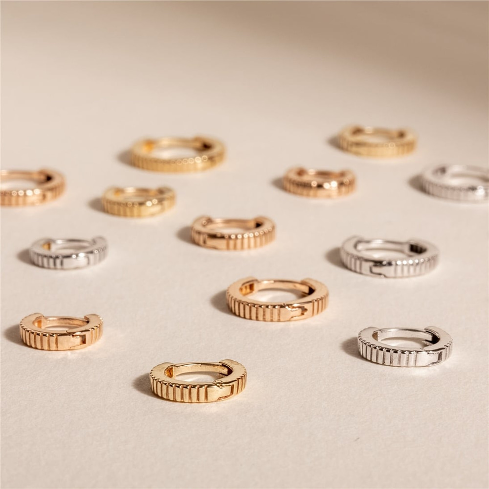 Goldstore-Gear Hinged Hoop Earrings, Serrated Ear Cuff, 14K 18K Solid Gold Hoop Earrings, Dainty Small Mini Sleeper Huggie, Round Stacking Conch Hoop