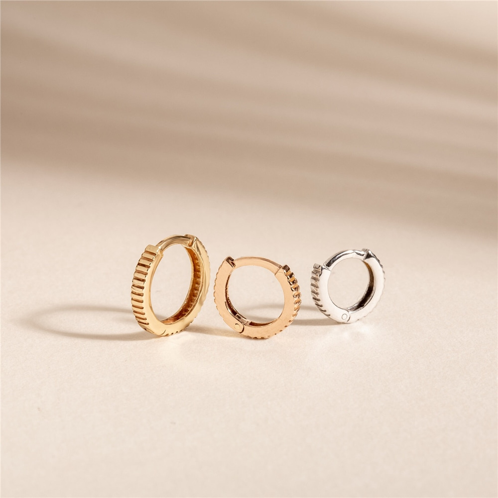 Goldstore-Gear Hinged Hoop Earrings, Serrated Ear Cuff, 14K 18K Solid Gold Hoop Earrings, Dainty Small Mini Sleeper Huggie, Round Stacking Conch Hoop