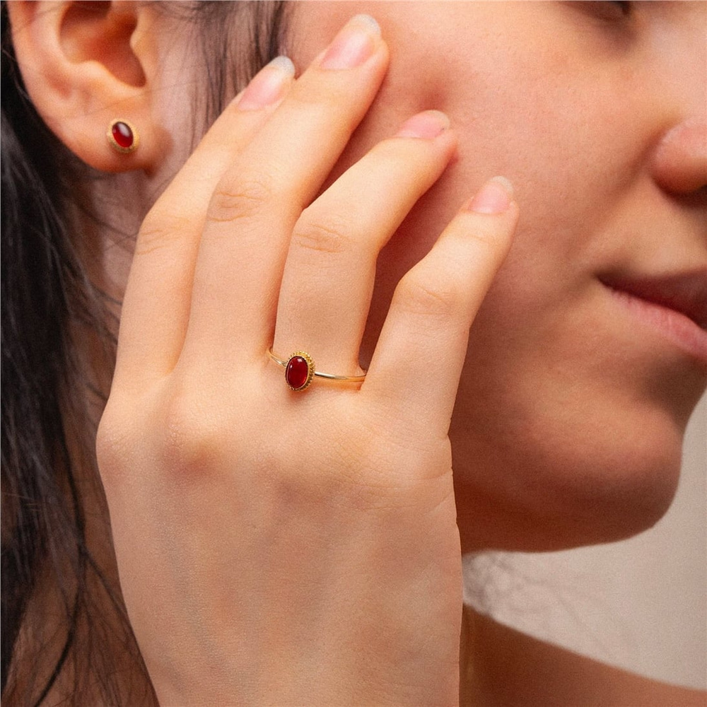 Goldstore-Genuine Oval Red Agate Ring 14K Solid Gold, Elegant Gemstone Agate Ring, Real Gold Solitaire Agate Ring, Luxury Anniversary Gift For Her