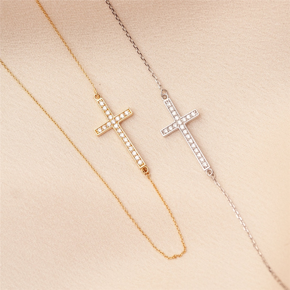 Goldstore-Gold Sideways Cross Necklace with Diamond or Cz, Rose Gold Celebrity Cross Necklace Dainty Cross Choker Mother's Day Gift
