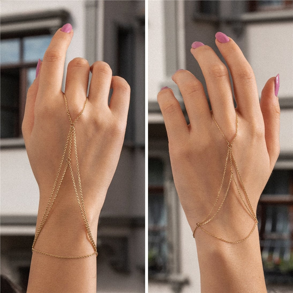 Goldstore-Hand Chain Bracelet 14K 18K Solid Gold, Elegant Ring Bracelet, Dainty Ring Chain Bracelet, Sahmeran Bracelet Gift For Wife, Gift For Mother