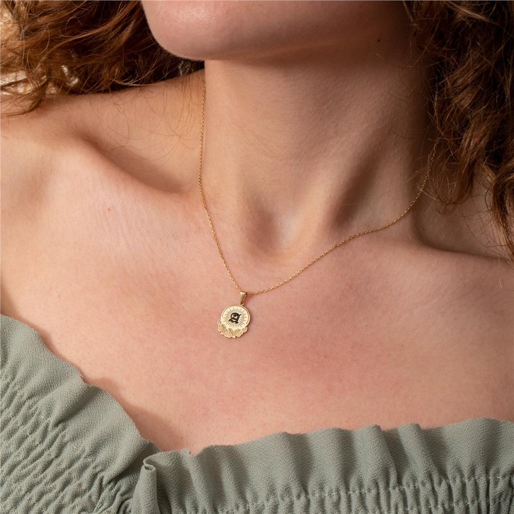 Goldstore-Hawaiian Font Flower Disc Necklace 14K 18K Solid Gold, Custom Initial 2 Side Engrave Name Plate Pendant, Personalize Black Enamel Hawai Disc