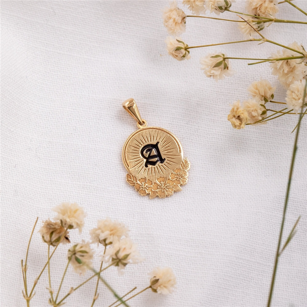 Goldstore-Hawaiian Font Flower Disc Necklace 14K 18K Solid Gold, Custom Initial 2 Side Engrave Name Plate Pendant, Personalize Black Enamel Hawai Disc