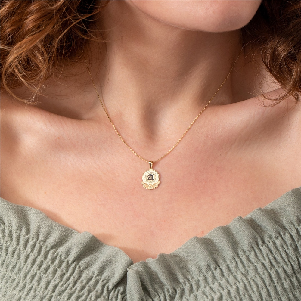 Goldstore-Hawaiian Font Flower Disc Necklace 14K 18K Solid Gold, Custom Initial 2 Side Engrave Name Plate Pendant, Personalize Black Enamel Hawai Disc