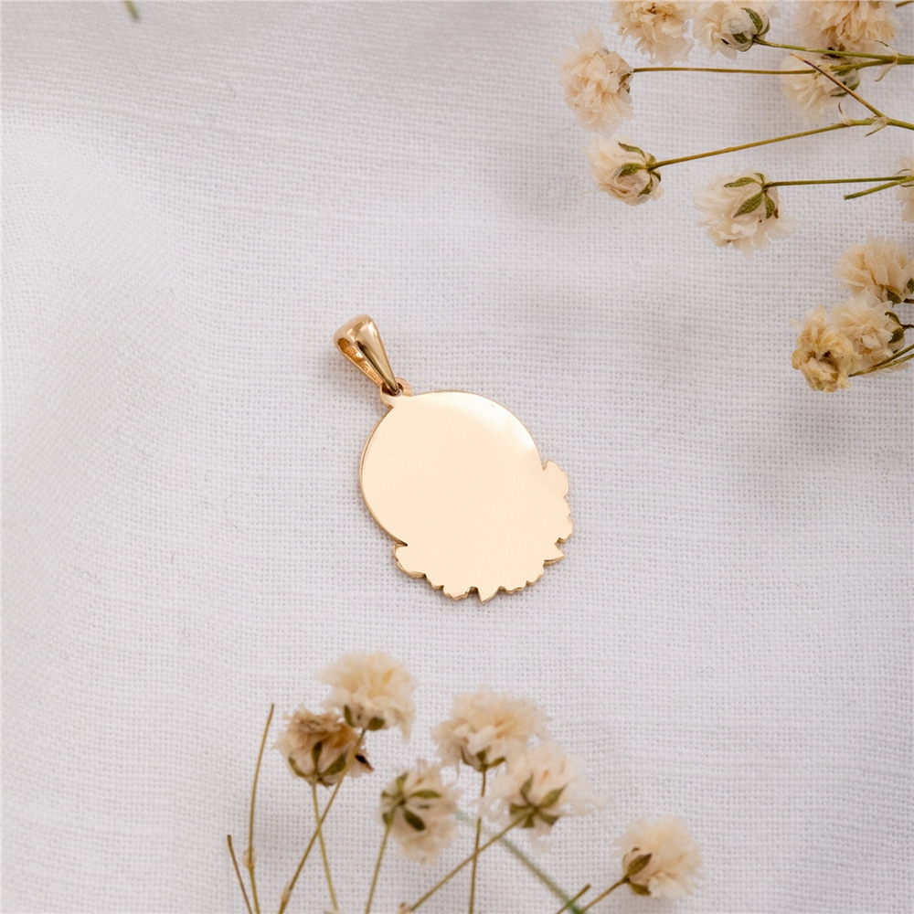 Goldstore-Hawaiian Font Flower Disc Necklace 14K 18K Solid Gold, Custom Initial 2 Side Engrave Name Plate Pendant, Personalize Black Enamel Hawai Disc