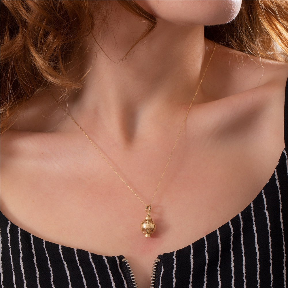Goldstore-Heart Cage Tube Sphere Urn 14K 18K Real Gold Pendant, Customized Solid Gold Lantern Ash Holder Necklace, Personalized Sphere Ball Urn