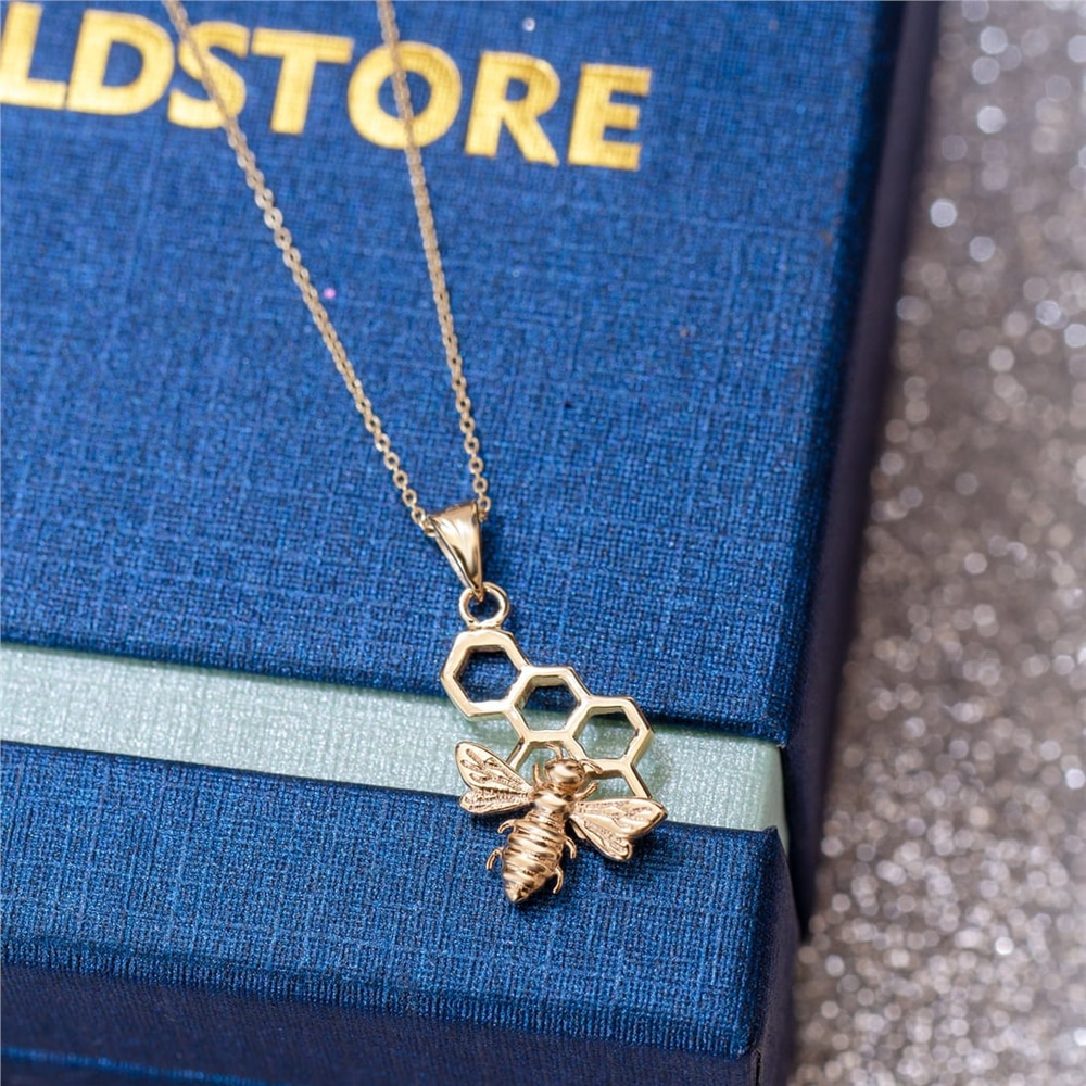 Goldstore-Honeycomb and Bee Gold Necklace, Bee on Honeycomb 14k 18k Solid Gold Necklace, HoneyComb Bee Pendant Necklace is a Great Valentine’s Gift.