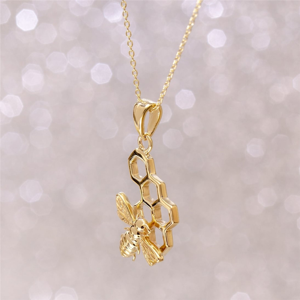 Goldstore-Honeycomb and Bee Gold Necklace, Bee on Honeycomb 14k 18k Solid Gold Necklace, HoneyComb Bee Pendant Necklace is a Great Valentine’s Gift.