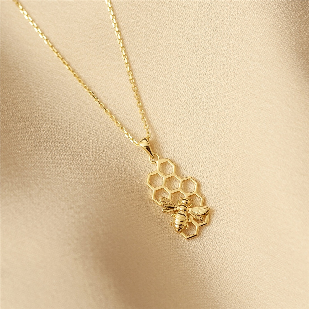 Goldstore-Honeycomb and Bee Gold Necklace, Bee on Honeycomb 14k Solid Gold Necklace, HoneyComb Bee Pendant Necklace is a Great Gift for Her.