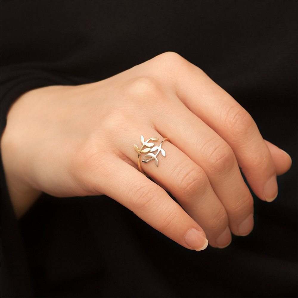 Goldstore-Leaf Branch Ring 14k 18k Solid Gold, Olive Leaf Ring, Rose White Yellow 2 Tones Gold Wrap Leaf Ring, Great Gift For Mothers Bridesmaids