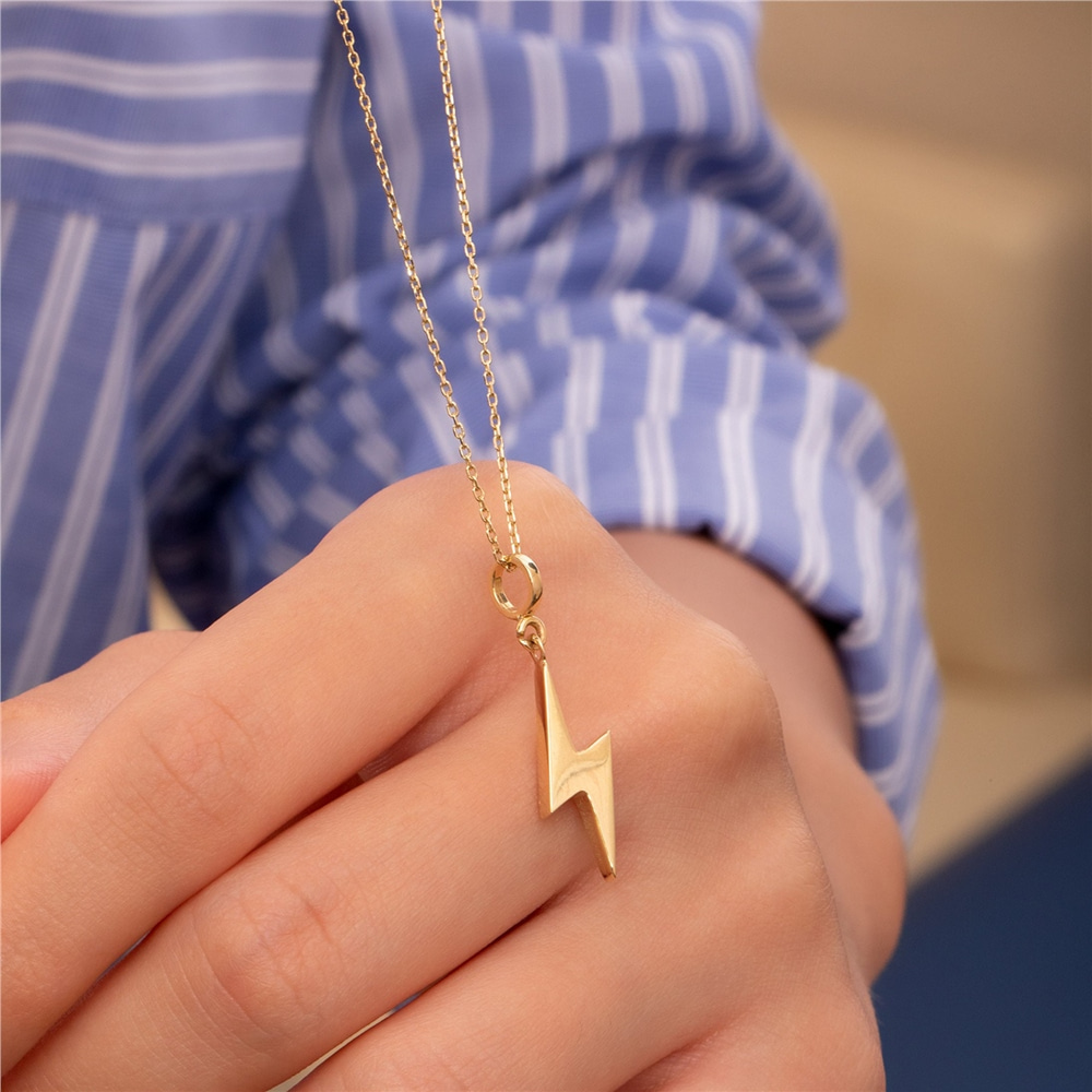 Goldstore-Lightning Bolt Urn Pendant 14K 18K Solid Gold, Custom Engrave Thunderbolt Urn Keepsake Charm, Vertical Lightning Cremation Memorial Pendant