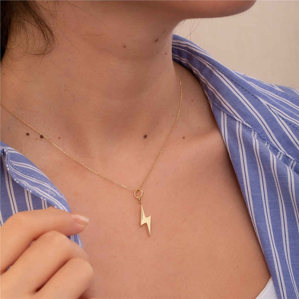 Goldstore-Lightning Bolt Urn Pendant 14K 18K Solid Gold, Custom Engrave Thunderbolt Urn Keepsake Charm, Vertical Lightning Cremation Memorial Pendant