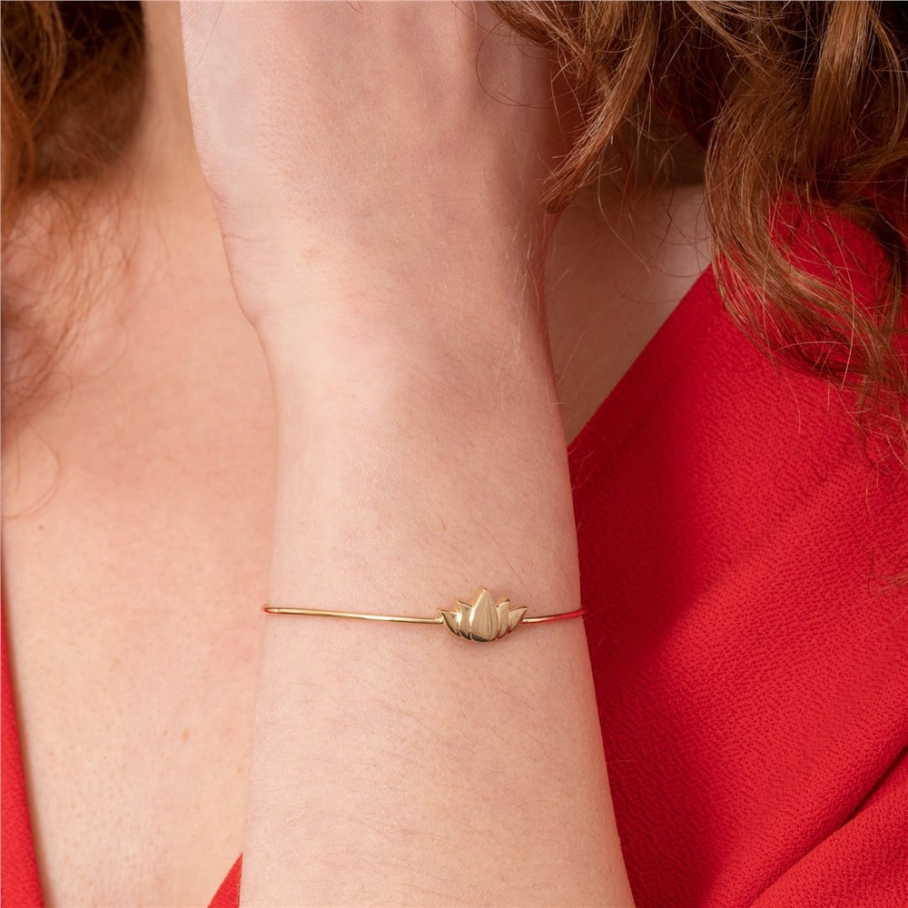 Goldstore-Lotus Flower Urn Bangle Memorial Bracelet 14K 18K Solid Gold, Stylish Custom Letter Engraved Dainty Zen Flower Urn Bangle, Bangle For Ashes