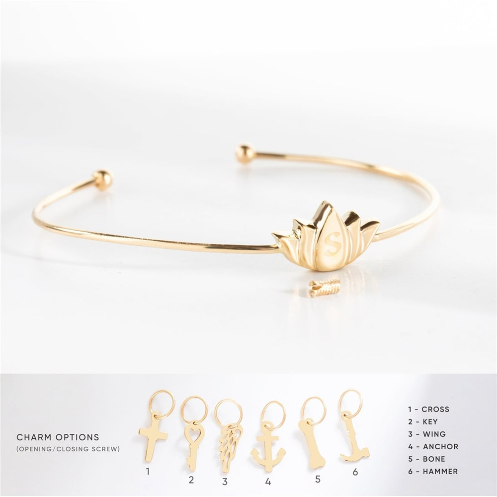 Goldstore-Lotus Flower Urn Bangle Memorial Bracelet 14K 18K Solid Gold, Stylish Custom Letter Engraved Dainty Zen Flower Urn Bangle, Bangle For Ashes