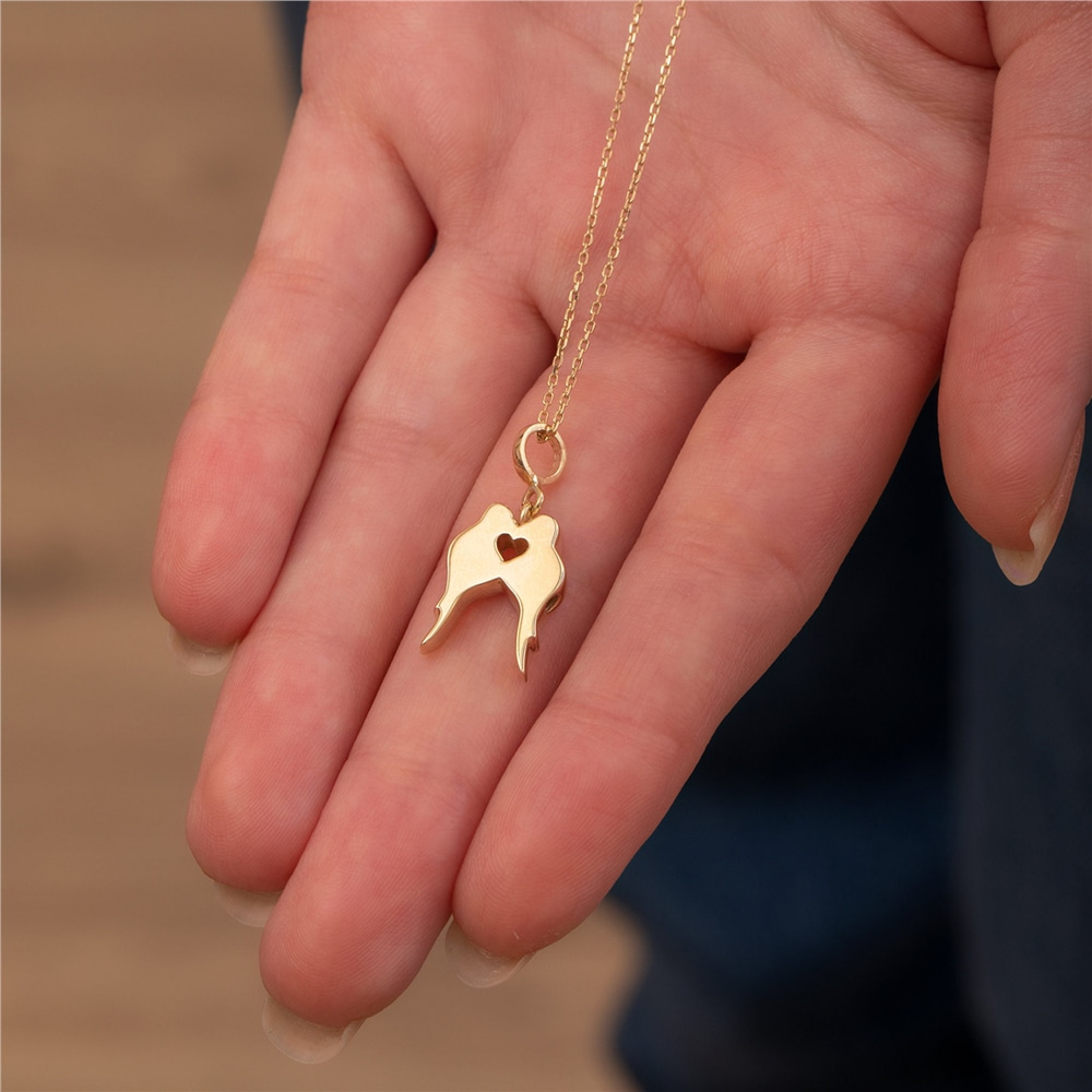 Goldstore-Lovebirds Double Urn Pendant 14K 18K Solid Gold, Custom Engrave Loving Doves Urn Charm For Two, Personalized Keepsake Kissing Birds Necklace