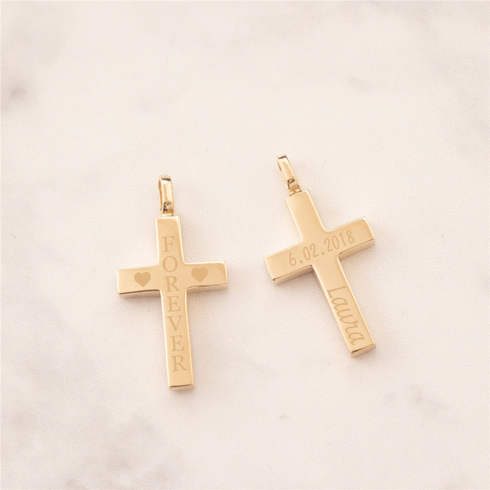Goldstore-Men's 14K 18K Gold Custom Cross Cremation Urn Bar Necklace, Two Side Memorial Bar Necklace For Men, Engrave Name Coordinate Funeral Necklace