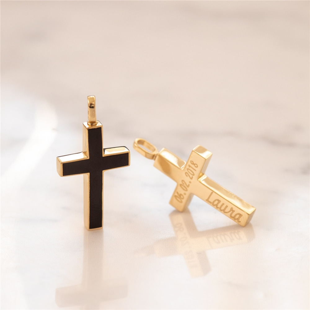Goldstore-Men's 14K 18K Gold Custom Cross Cremation Urn Bar Necklace, Two Side Memorial Bar Necklace For Men, Engrave Name Coordinate Funeral Necklace