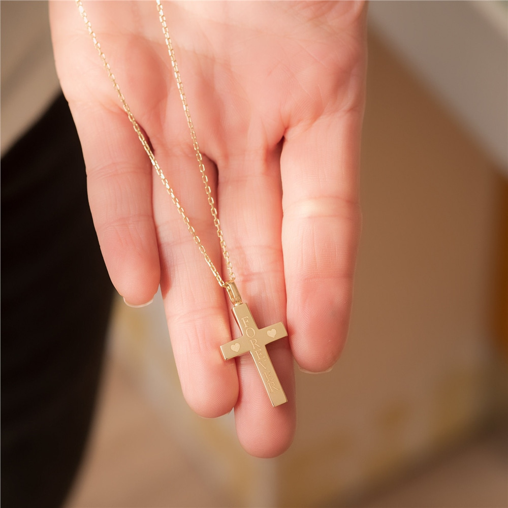 Goldstore-Men's 14K 18K Gold Custom Cross Cremation Urn Bar Necklace, Two Side Memorial Bar Necklace For Men, Engrave Name Coordinate Funeral Necklace