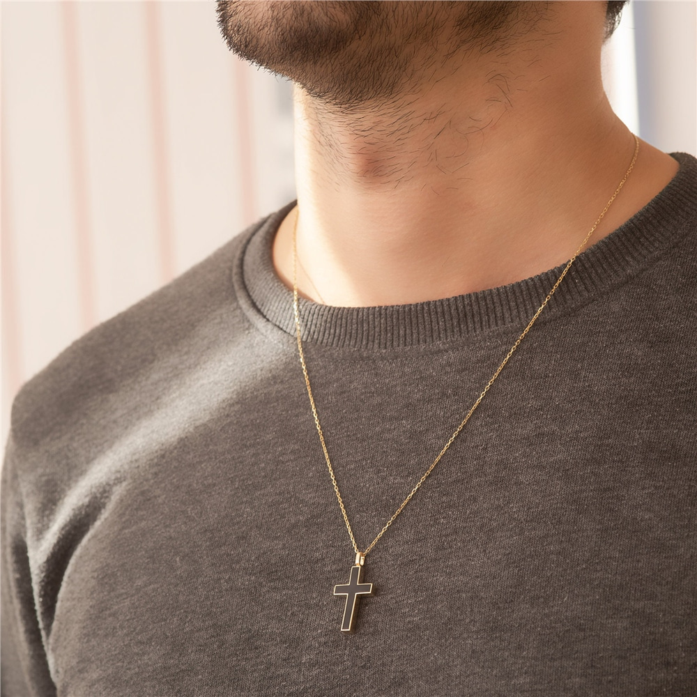 Goldstore-Men's 14K 18K Gold Custom Cross Cremation Urn Bar Necklace, Two Side Memorial Bar Necklace For Men, Engrave Name Coordinate Funeral Necklace