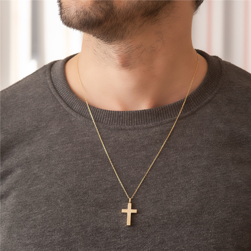 Goldstore-Men's 14K 18K Gold Custom Cross Cremation Urn Bar Necklace, Two Side Memorial Bar Necklace For Men, Engrave Name Coordinate Funeral Necklace