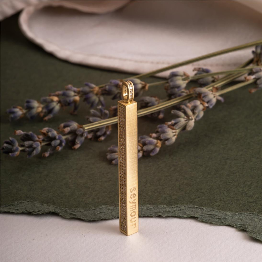 Goldstore-Micro Pave Diamond 14K 18K Gold Vertical Cremation Urn Pendant, Name Date Coordinate Custom Engraved Memorial Bar Pendant Necklace for Ashes