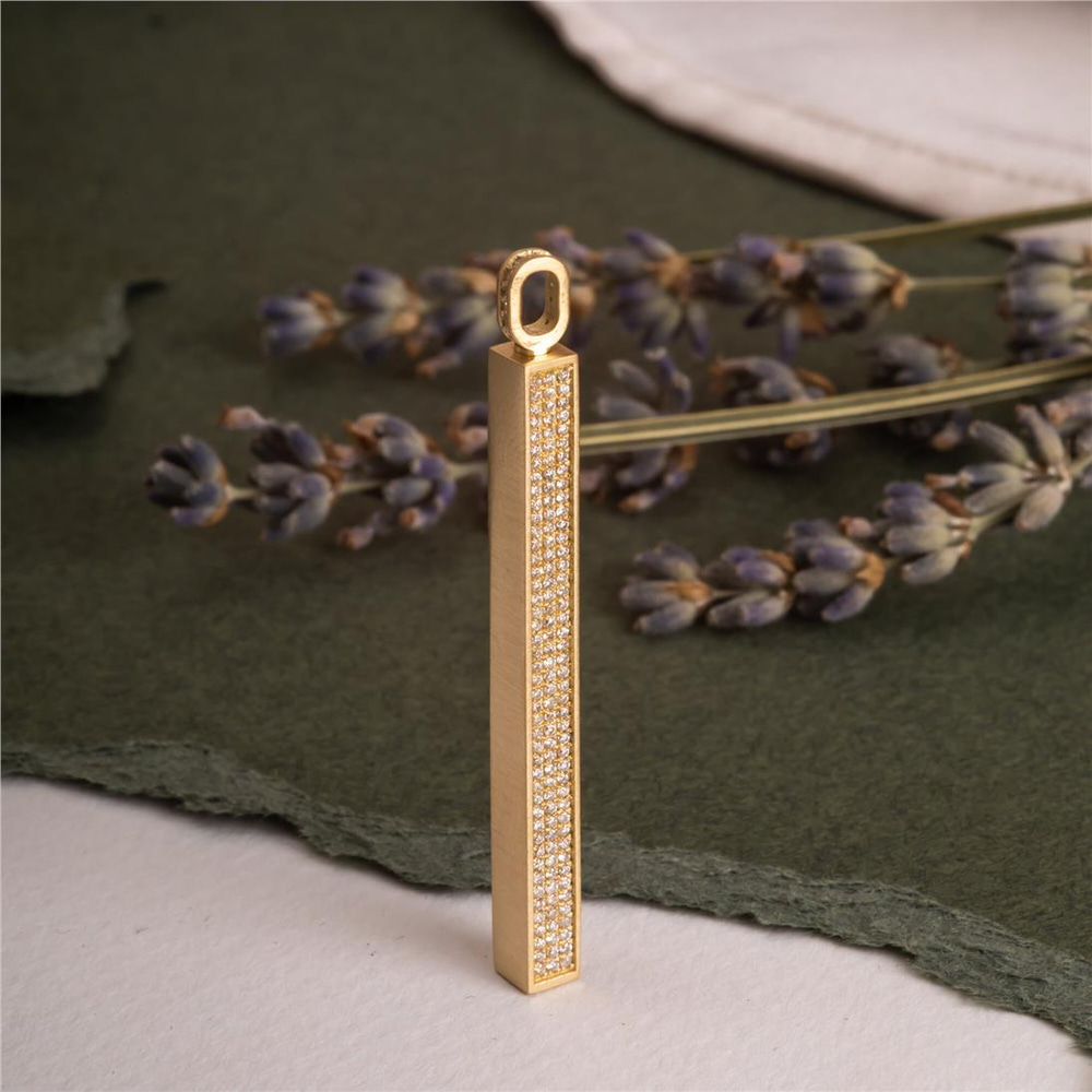 Goldstore-Micro Pave Diamond 14K 18K Gold Vertical Cremation Urn Pendant, Name Date Coordinate Custom Engraved Memorial Bar Pendant Necklace for Ashes