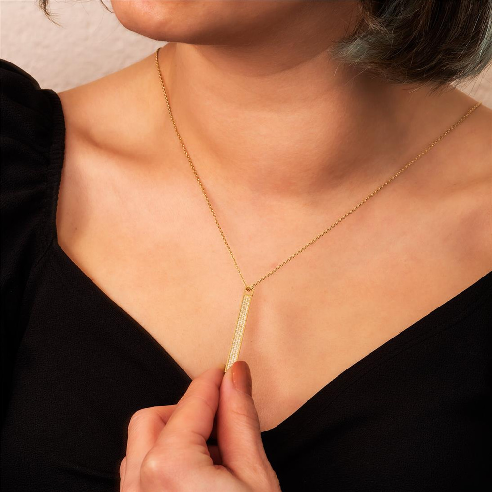 Goldstore-Micro Pave Diamond 14K 18K Gold Vertical Cremation Urn Pendant, Name Date Coordinate Custom Engraved Memorial Bar Pendant Necklace for Ashes