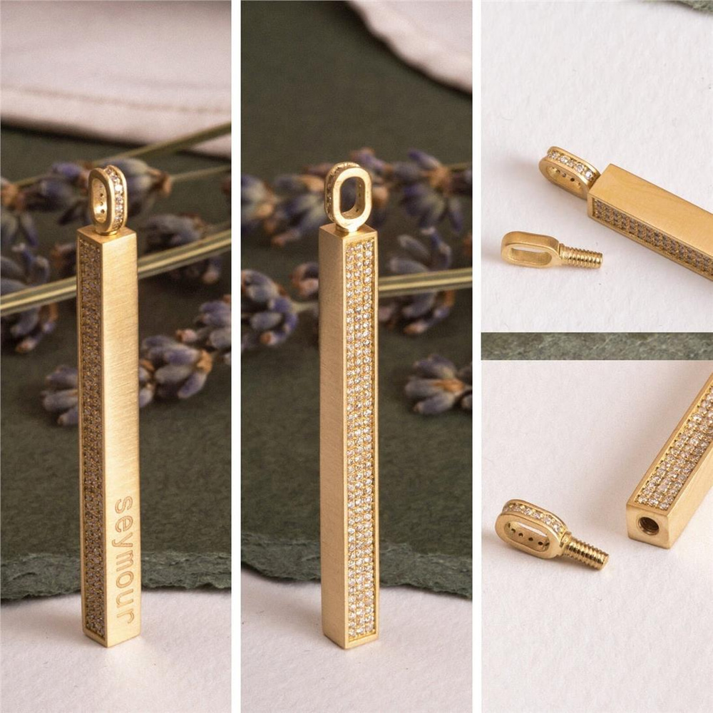 Goldstore-Micro Pave Diamond 14K 18K Gold Vertical Cremation Urn Pendant, Name Date Coordinate Custom Engraved Memorial Bar Pendant Necklace for Ashes