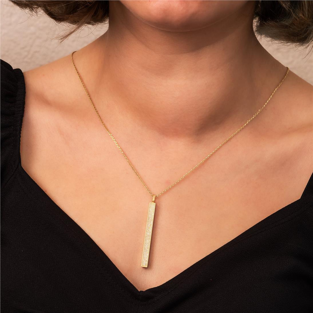 Goldstore-Micro Pave Diamond 14K 18K Gold Vertical Cremation Urn Pendant, Name Date Coordinate Custom Engraved Memorial Bar Pendant Necklace for Ashes