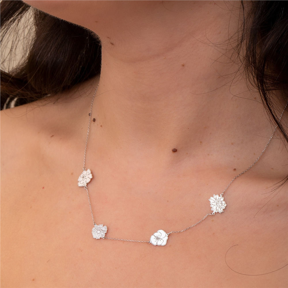 Goldstore-Multiple Birth Flower Necklace 14K 18K Solid Gold, Custom Floral Necklace, Mother Daughter Birthflower Necklace, Grandma Flower Necklace