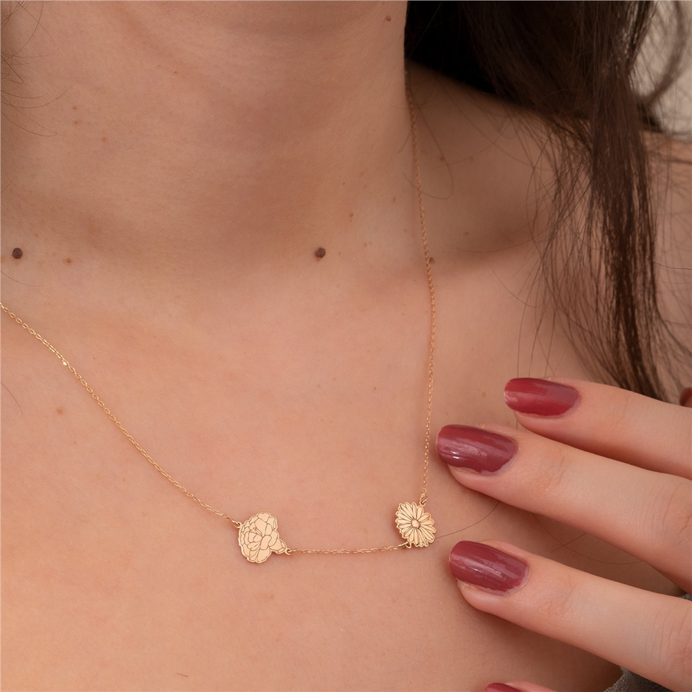 Goldstore-Multiple Birth Flower Necklace 14K 18K Solid Gold, Custom Floral Necklace, Mother Daughter Birthflower Necklace, Grandma Flower Necklace