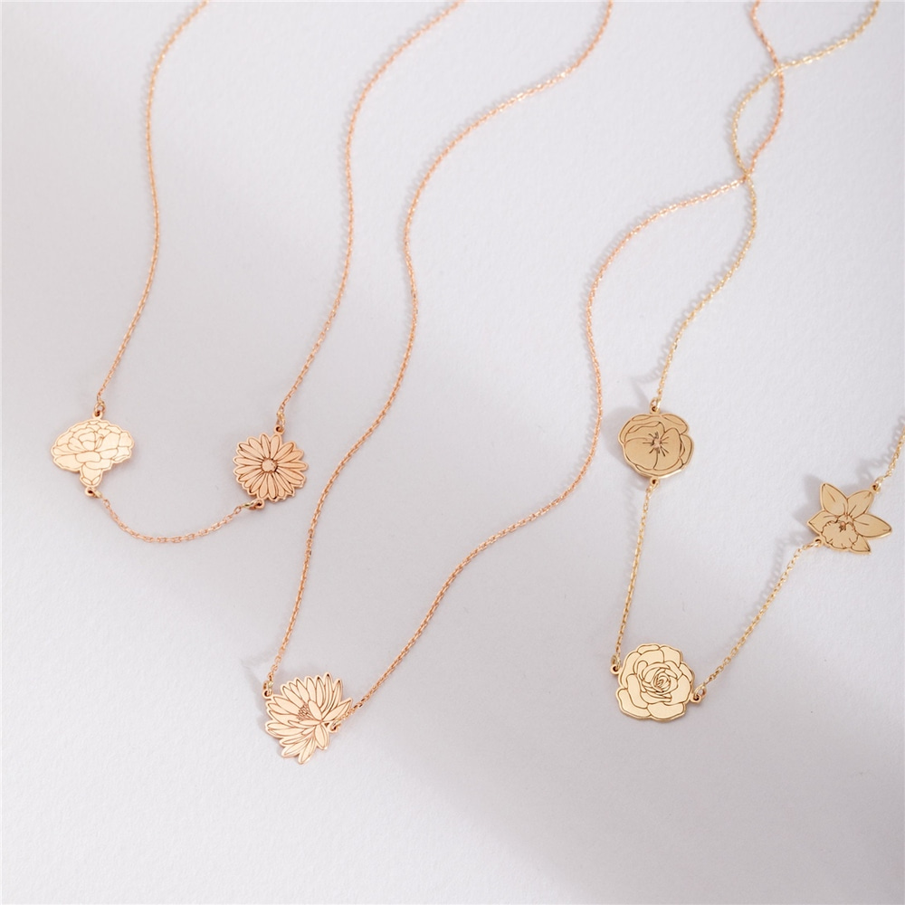 Goldstore-Multiple Birth Flower Necklace 14K 18K Solid Gold, Custom Floral Necklace, Mother Daughter Birthflower Necklace, Grandma Flower Necklace