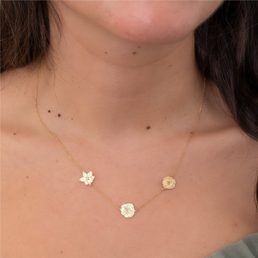 Goldstore-Multiple Birth Flower Necklace 14K 18K Solid Gold, Custom Floral Necklace, Mother Daughter Birthflower Necklace, Grandma Flower Necklace