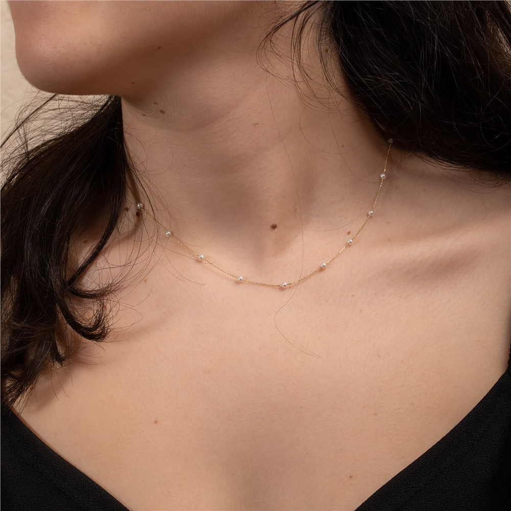 Goldstore-Multiple Pearls Necklace 14k Solid Gold, Dainty Every Day Fresh Water Pearl Station Necklace, Perfect Beach Jewelry, Gift For Bridesmaids