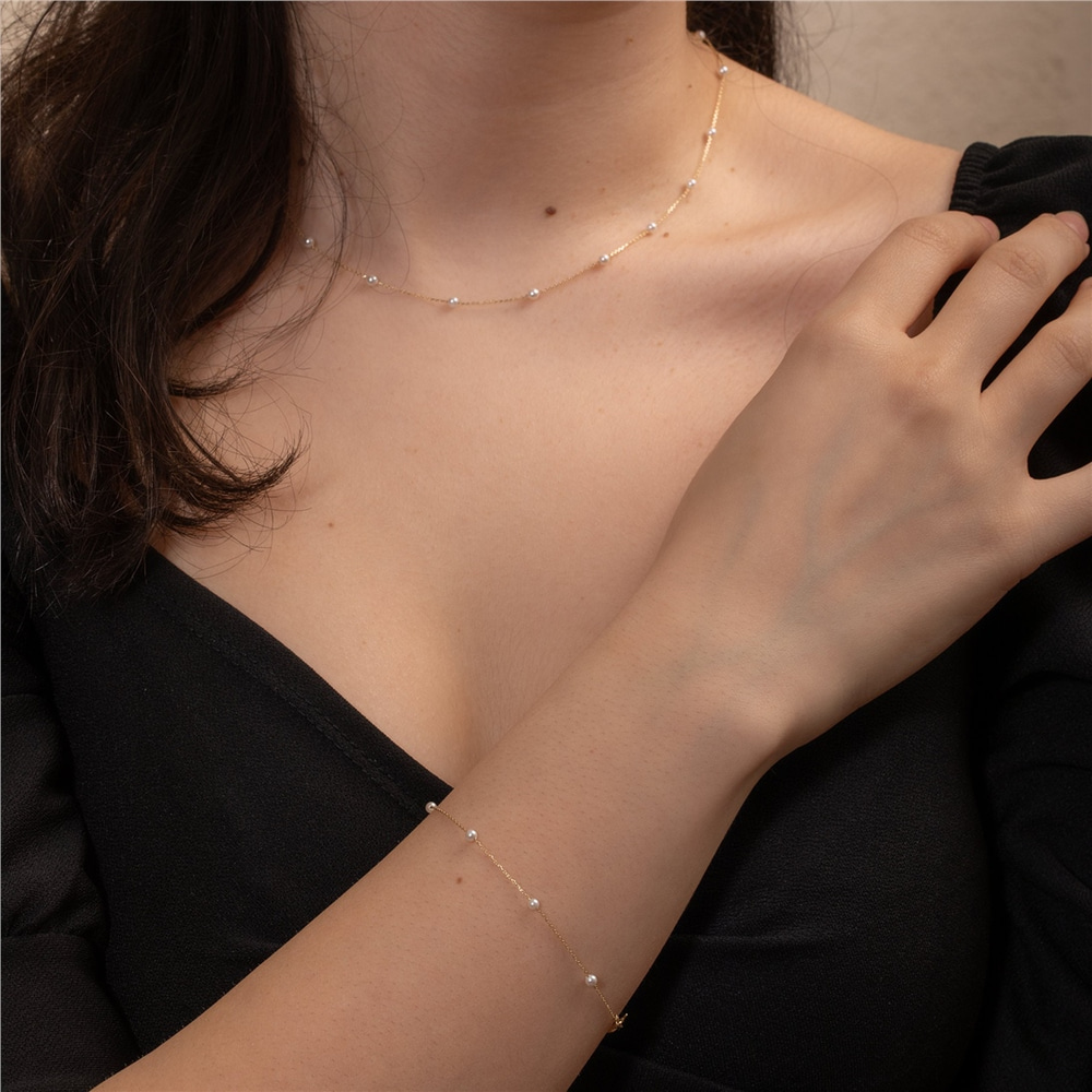 Goldstore-Multiple Pearls Necklace 14k Solid Gold, Dainty Every Day Fresh Water Pearl Station Necklace, Perfect Beach Jewelry, Gift For Bridesmaids