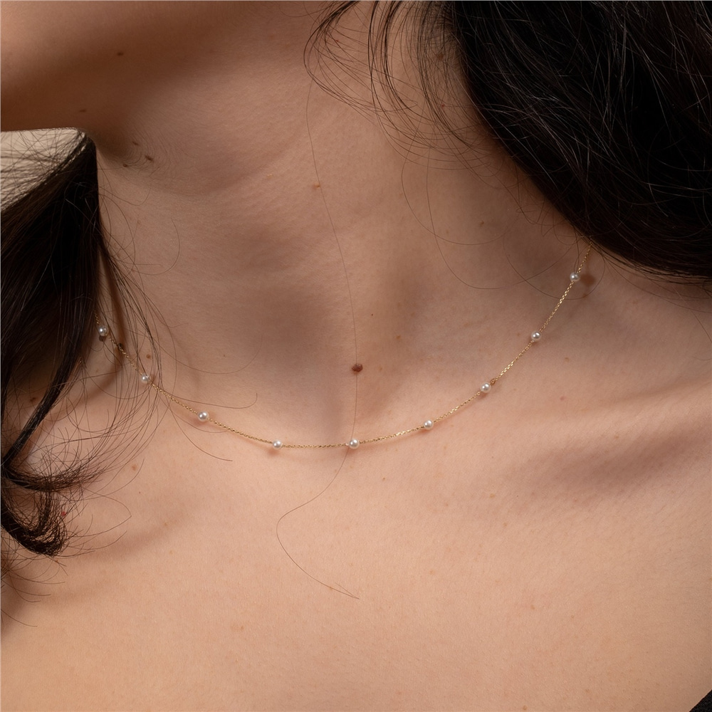 Goldstore-Multiple Pearls Necklace 14k Solid Gold, Dainty Every Day Fresh Water Pearl Station Necklace, Perfect Beach Jewelry, Gift For Bridesmaids