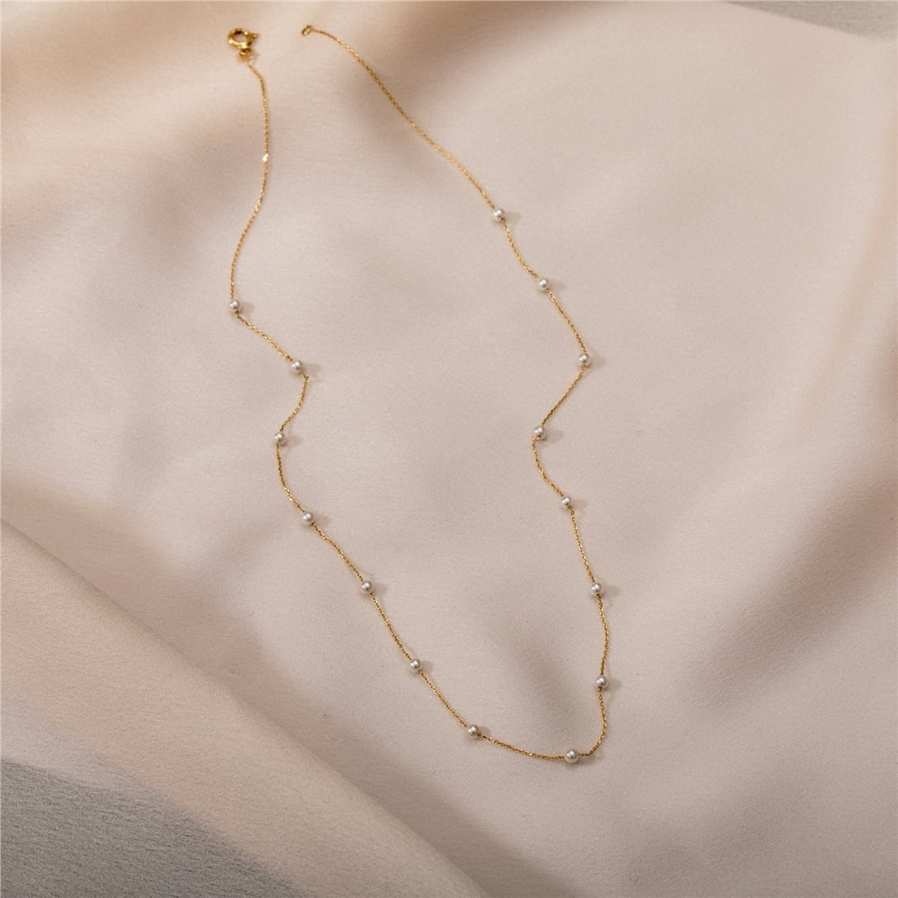Goldstore-Multiple Pearls Necklace 14k Solid Gold, Dainty Every Day Fresh Water Pearl Station Necklace, Perfect Beach Jewelry, Gift For Bridesmaids