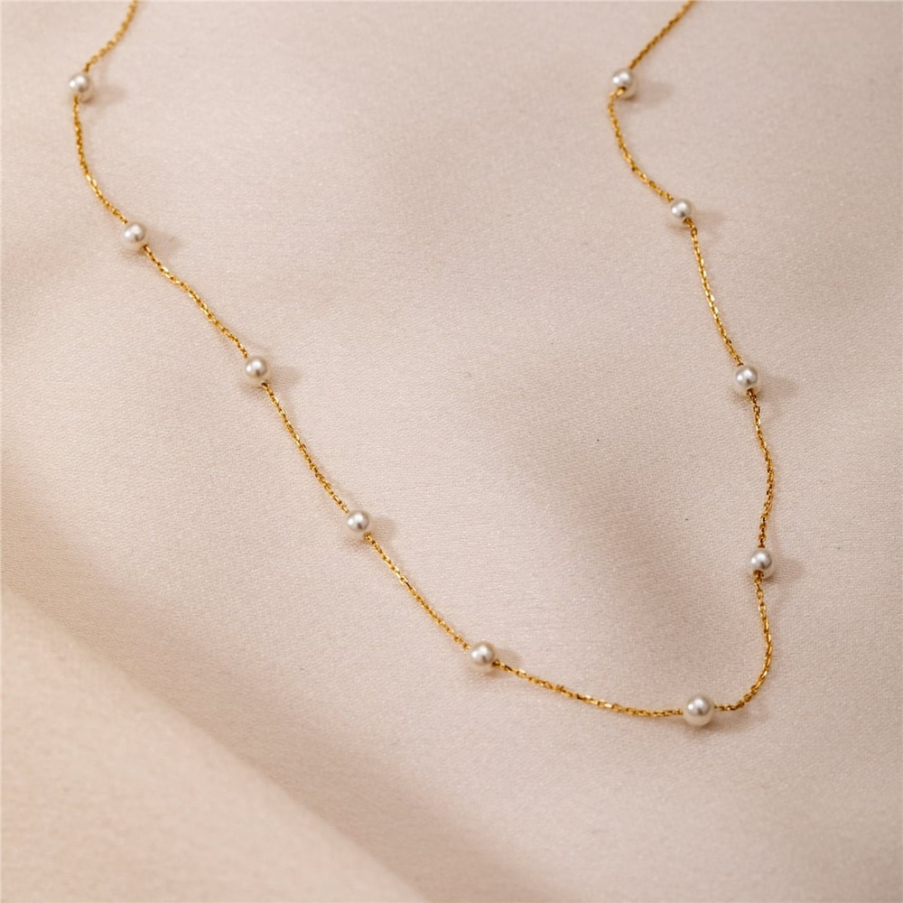 Goldstore-Multiple Pearls Necklace 14k Solid Gold, Dainty Every Day Fresh Water Pearl Station Necklace, Perfect Beach Jewelry, Gift For Bridesmaids